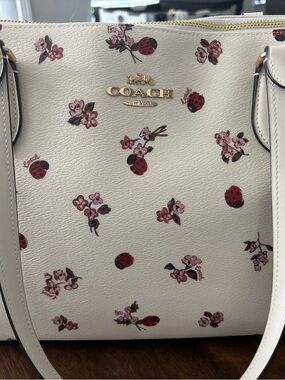 Coach White Floral & Ladybug Print Leather Tote